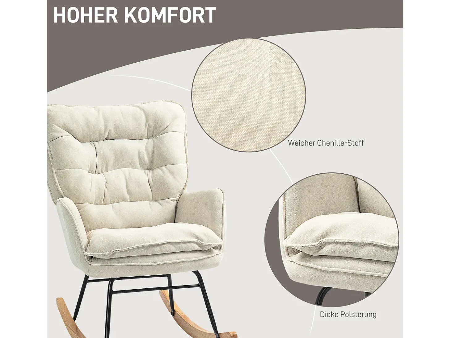 Mecedora con reposabrazos, tejido chenilla beige, asiento espacioso y respaldo ergonómico (71x98,5x97cm)