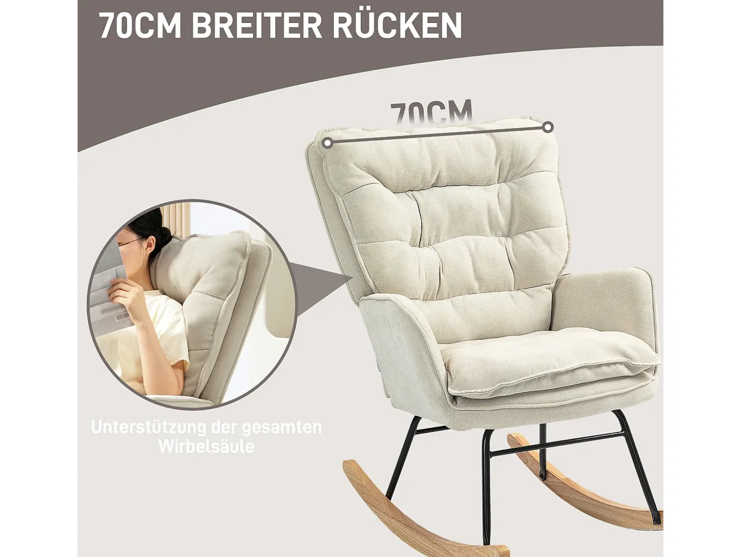 Mecedora con reposabrazos, tejido chenilla beige, asiento espacioso y respaldo ergonómico (71x98,5x97cm)