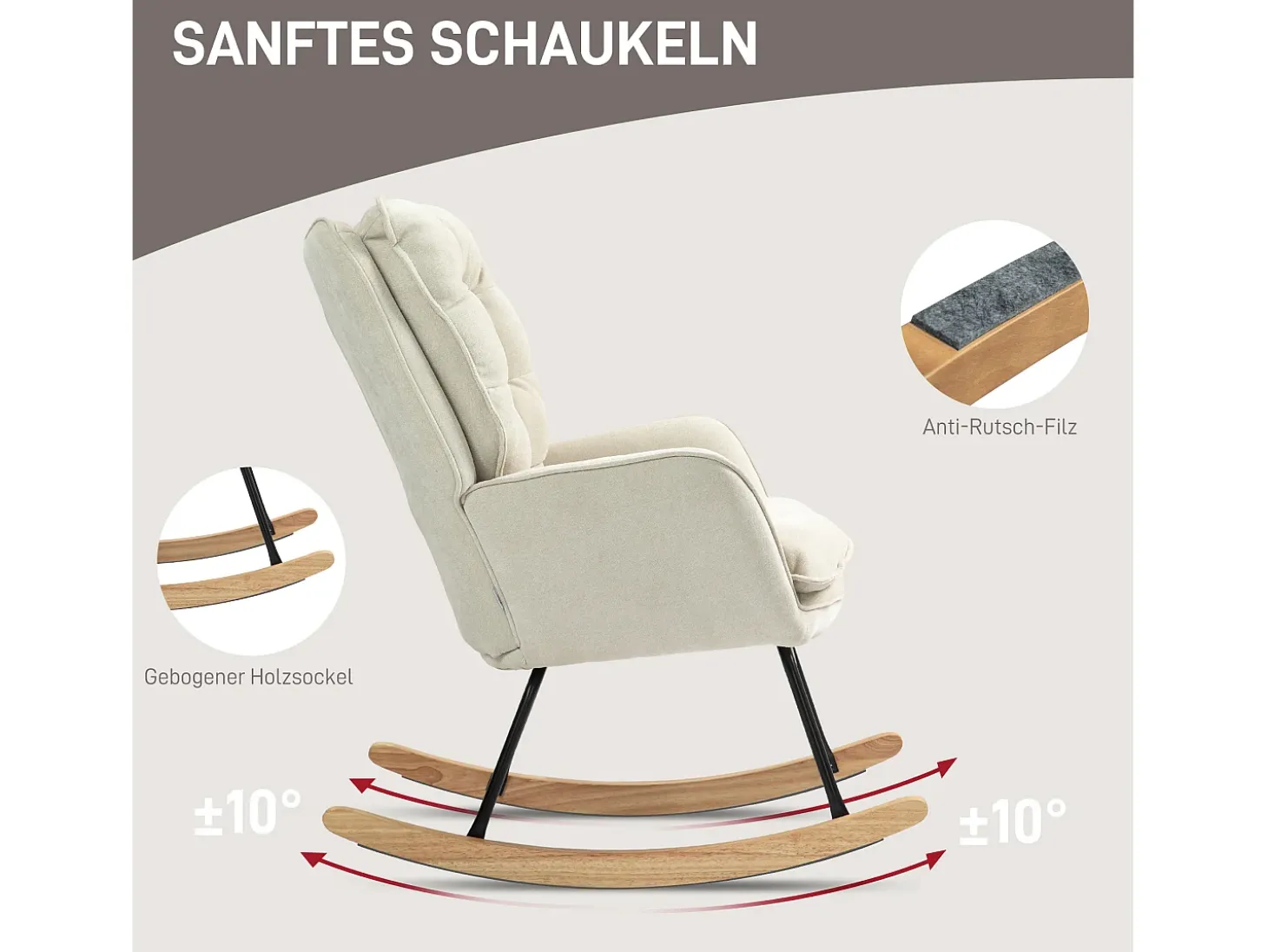 Mecedora con reposabrazos, tejido chenilla beige, asiento espacioso y respaldo ergonómico (71x98,5x97cm)