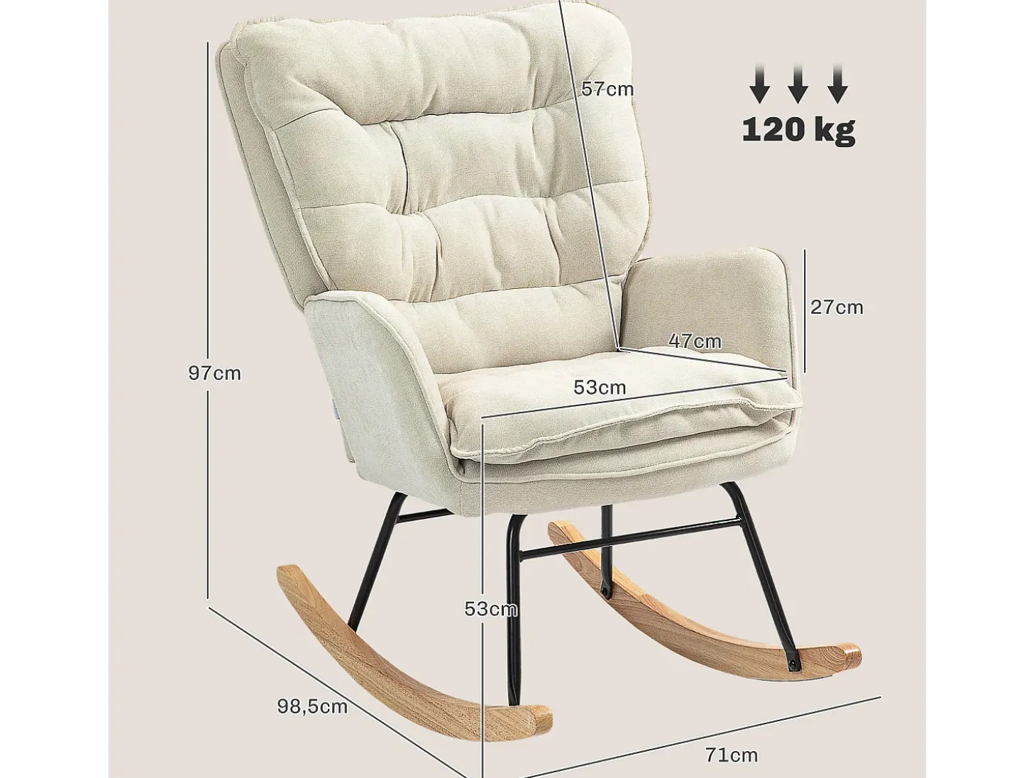 Mecedora con reposabrazos, tejido chenilla beige, asiento espacioso y respaldo ergonómico (71x98,5x97cm)
