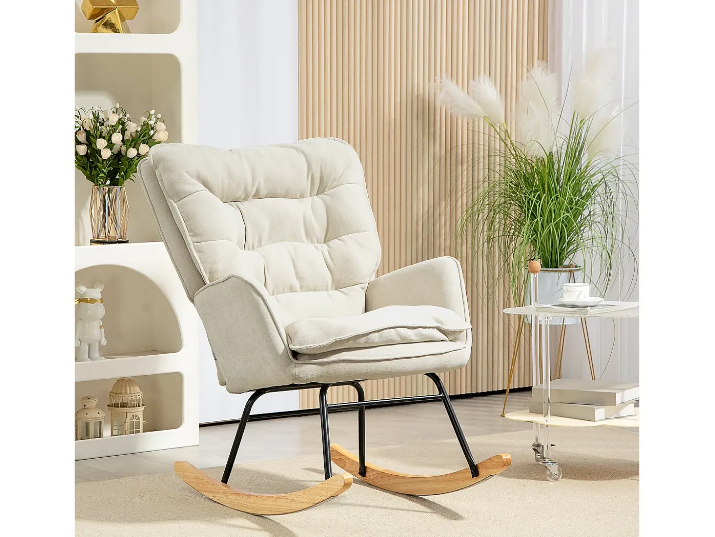 Mecedora con reposabrazos, tejido chenilla beige, asiento espacioso y respaldo ergonómico (71x98,5x97cm)
