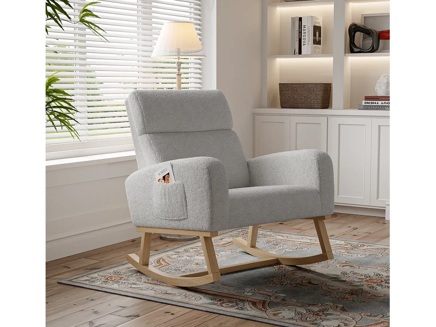 Mecedora con reposabrazos y respaldo inclinado - Patas de madera maciza - Gris claro