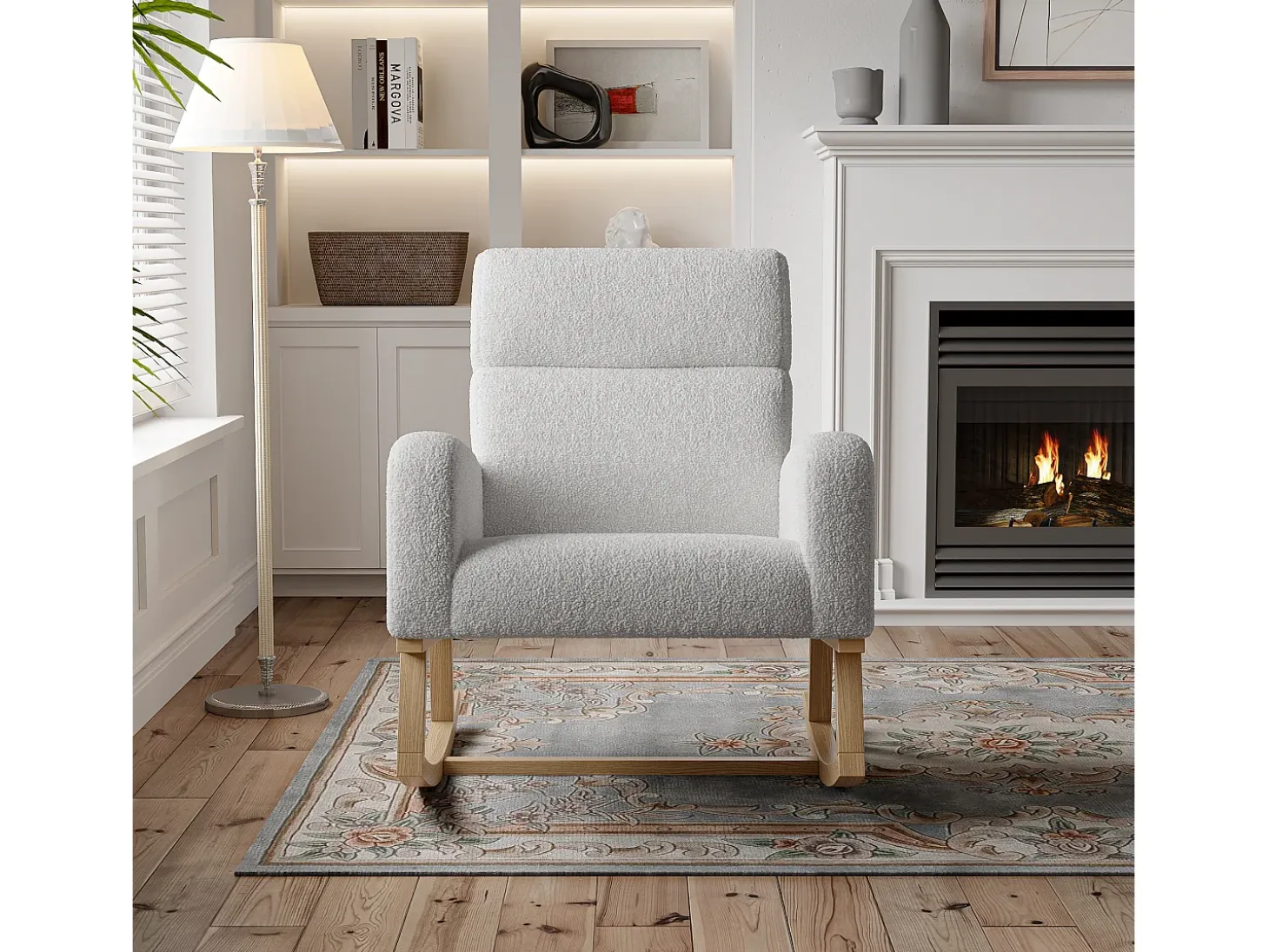 Mecedora con reposabrazos y respaldo inclinado - Patas de madera maciza - Gris claro