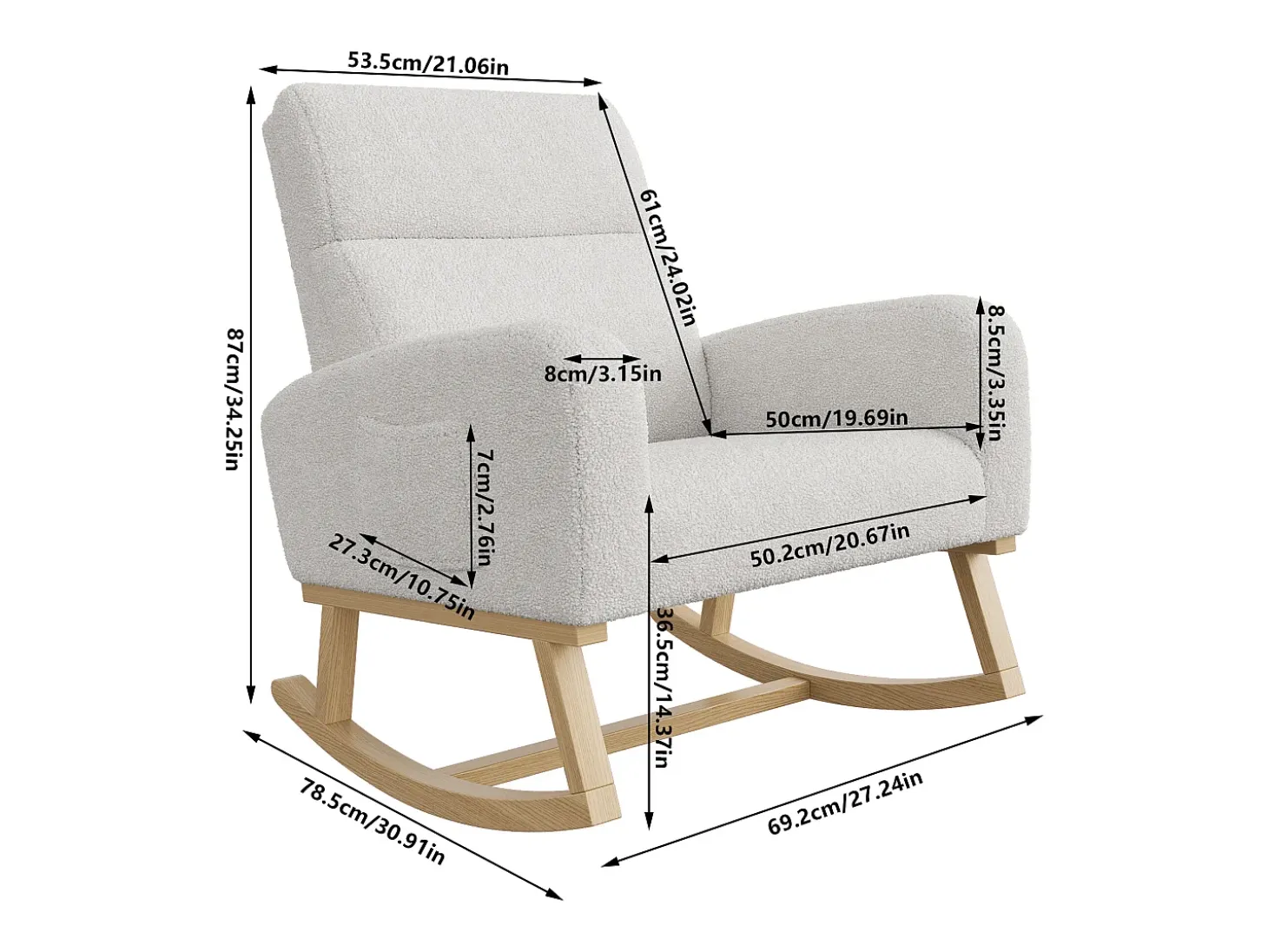 Mecedora con reposabrazos y respaldo inclinado - Patas de madera maciza - Gris claro