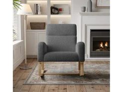 Mecedora con reposabrazos y respaldo, patas de madera, lana de cordero, gris oscuro