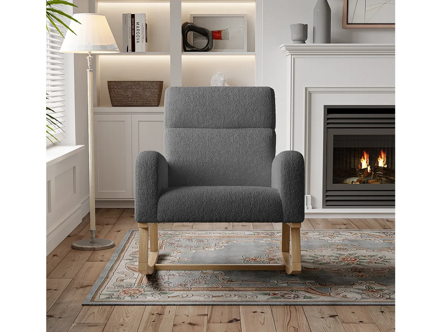 Mecedora con reposabrazos y respaldo, patas de madera, lana de cordero, gris oscuro