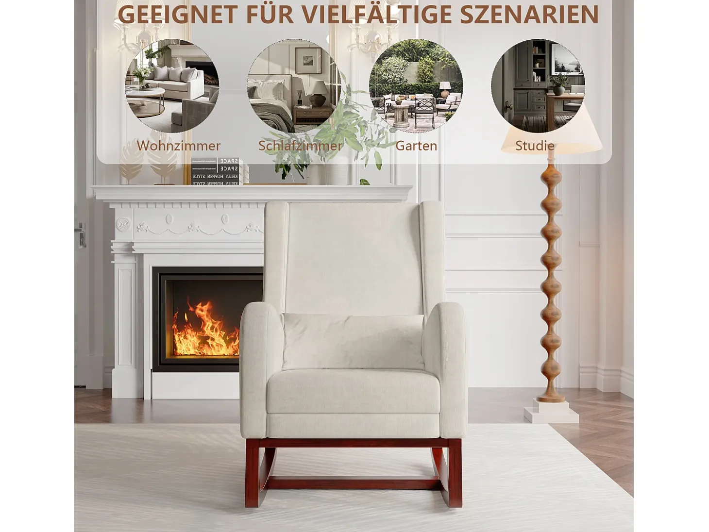 Mecedora con reposapiernas retráctil y respaldo alto de madera maciza - Mecedora para salón y dormitorio, carga hasta 150 kg - Beige