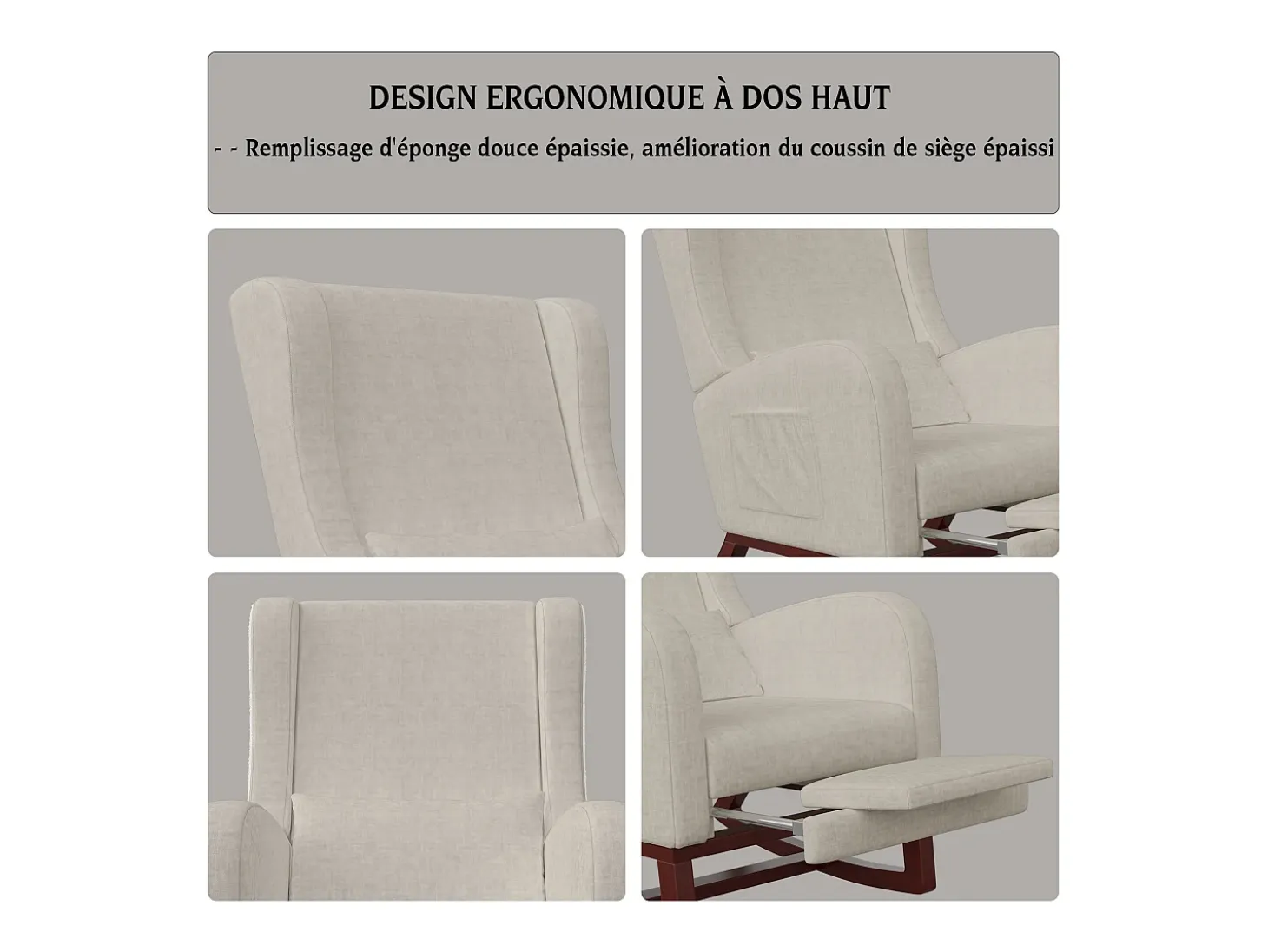Mecedora con reposapiernas retráctil y respaldo alto de madera maciza - Mecedora para salón y dormitorio, carga hasta 150 kg - Beige