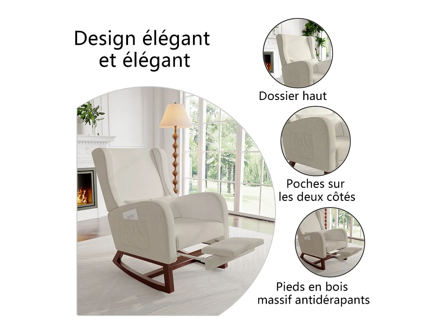 Mecedora con reposapiernas retráctil y respaldo alto de madera maciza - Mecedora para salón y dormitorio, carga hasta 150 kg - Beige
