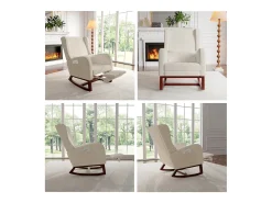 Mecedora con reposapiernas retráctil y respaldo alto de madera maciza - Mecedora para salón y dormitorio, carga hasta 150 kg - Beige