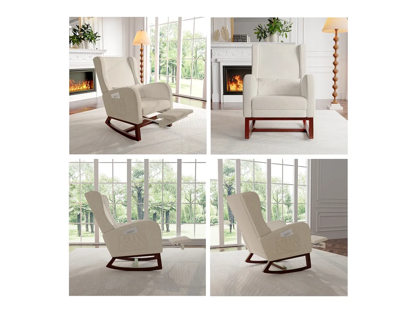 Mecedora con reposapiernas retráctil y respaldo alto de madera maciza - Mecedora para salón y dormitorio, carga hasta 150 kg - Beige