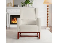 Mecedora con reposapiernas retráctil y respaldo alto de madera maciza - Mecedora para salón y dormitorio, carga hasta 150 kg - Beige