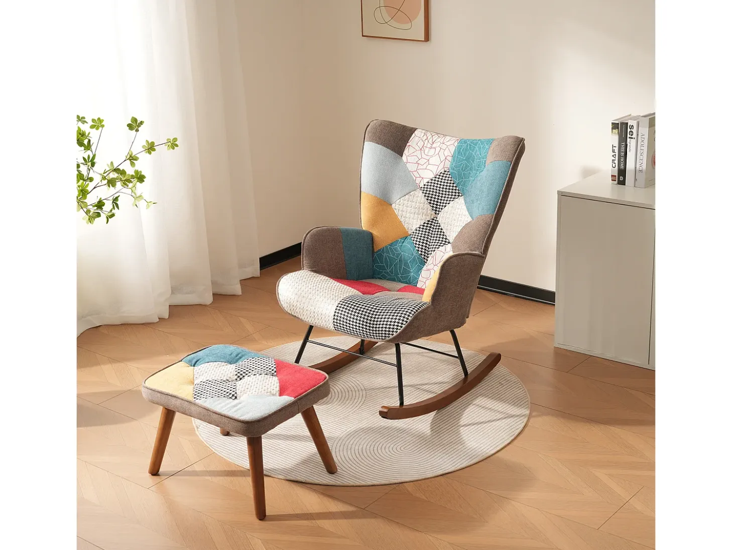 Mecedora con reposapiés - 69,5 x 50 x 88,5 cm - Esponja + fibras de polipropileno - Multicolor