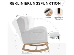 Mecedora de tela de peluche, diseño ergonómico con reposapiés ajustable, estructura de madera, color blanco (122,5 x 70 x 104 cm)