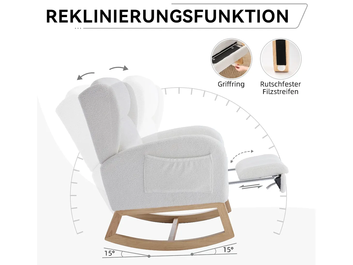 Mecedora de tela de peluche, diseño ergonómico con reposapiés ajustable, estructura de madera, color blanco (122,5 x 70 x 104 cm)