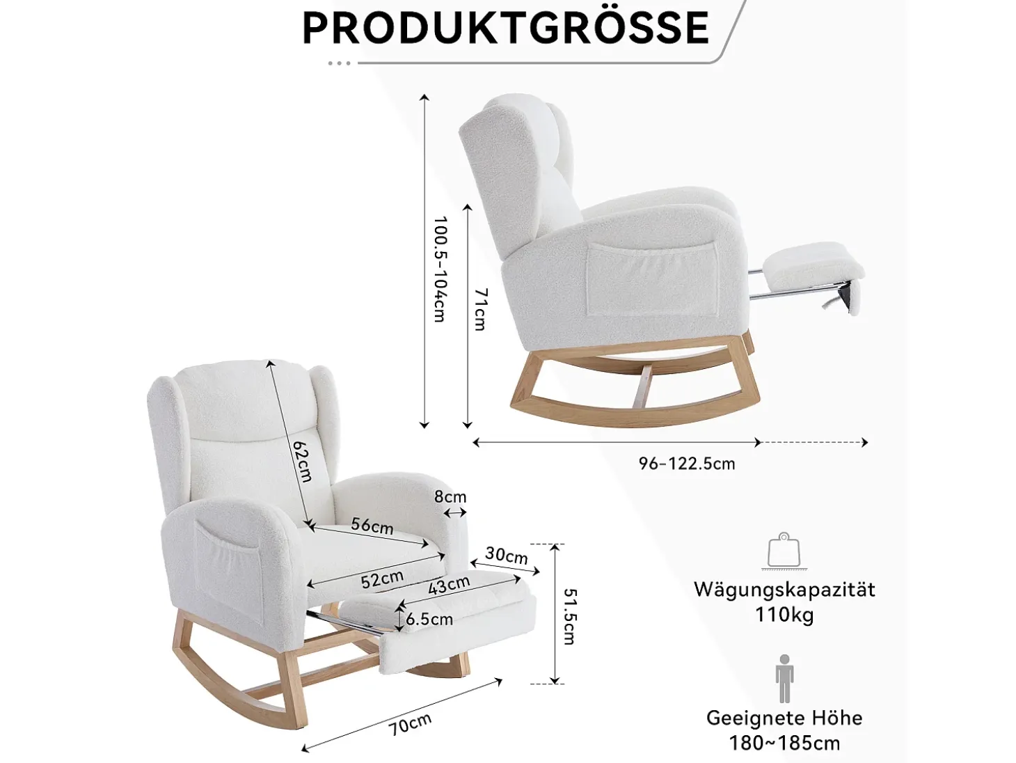 Mecedora de tela de peluche, diseño ergonómico con reposapiés ajustable, estructura de madera, color blanco (122,5 x 70 x 104 cm)