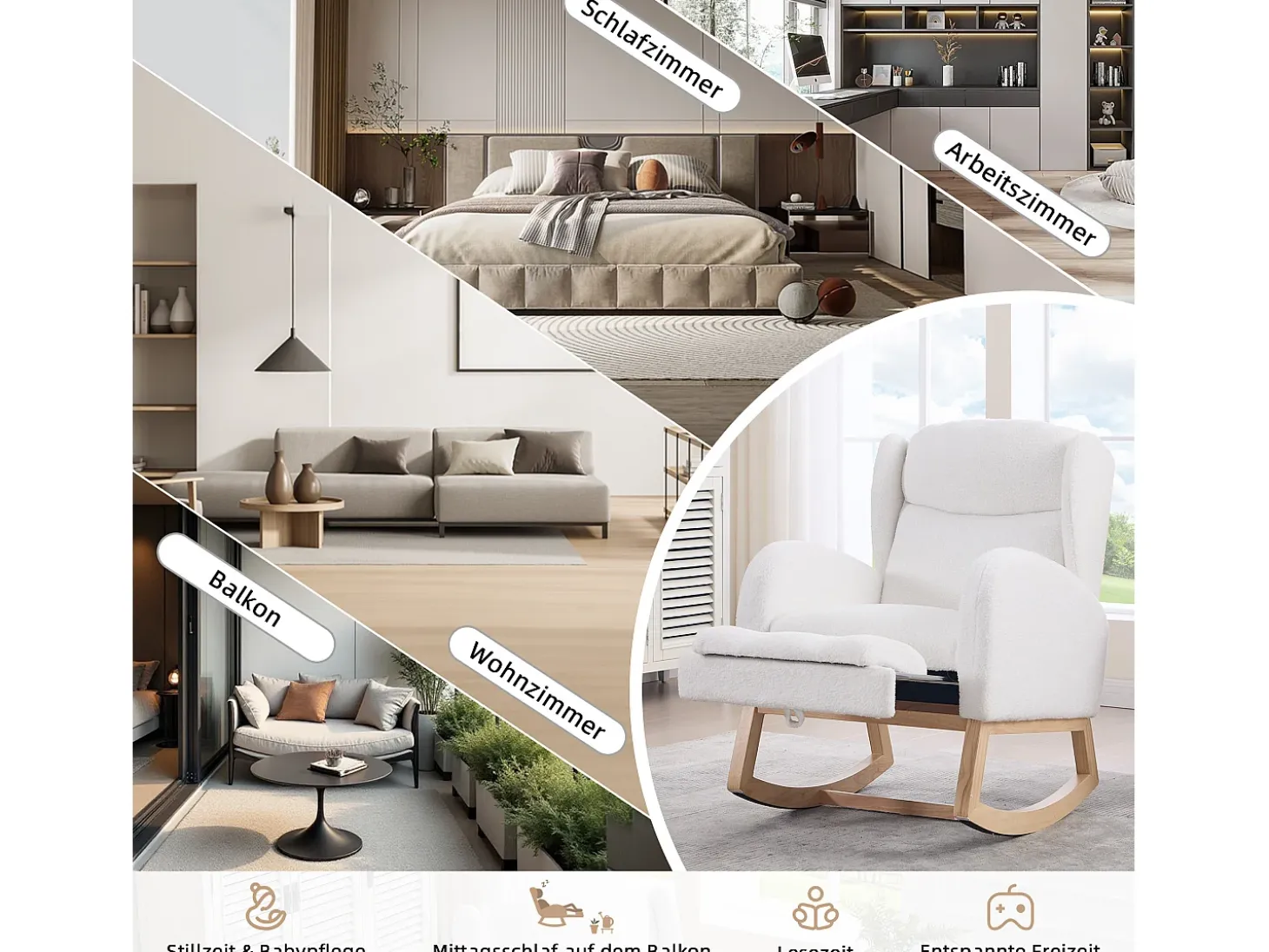 Mecedora de tela de peluche, diseño ergonómico con reposapiés ajustable, estructura de madera, color blanco (122,5 x 70 x 104 cm)