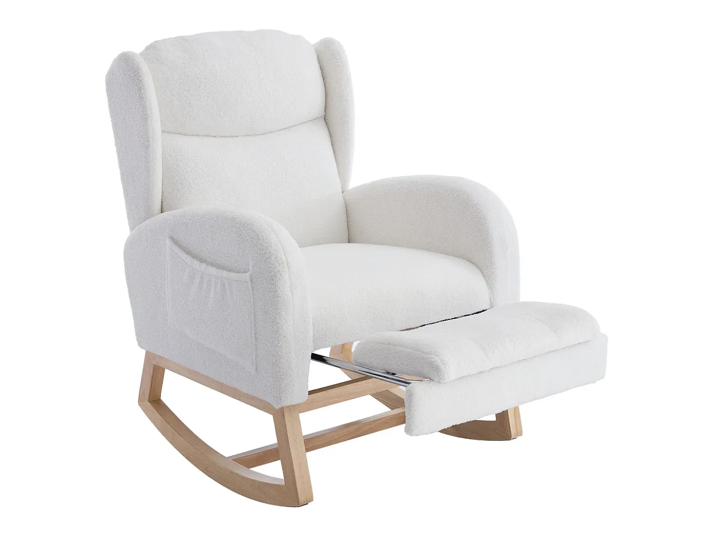 Mecedora de tela de peluche, diseño ergonómico con reposapiés ajustable, estructura de madera, color blanco (122,5 x 70 x 104 cm)