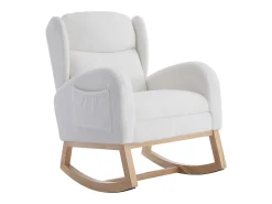 Mecedora de tela de peluche, diseño ergonómico con reposapiés ajustable, estructura de madera, color blanco (122,5 x 70 x 104 cm)