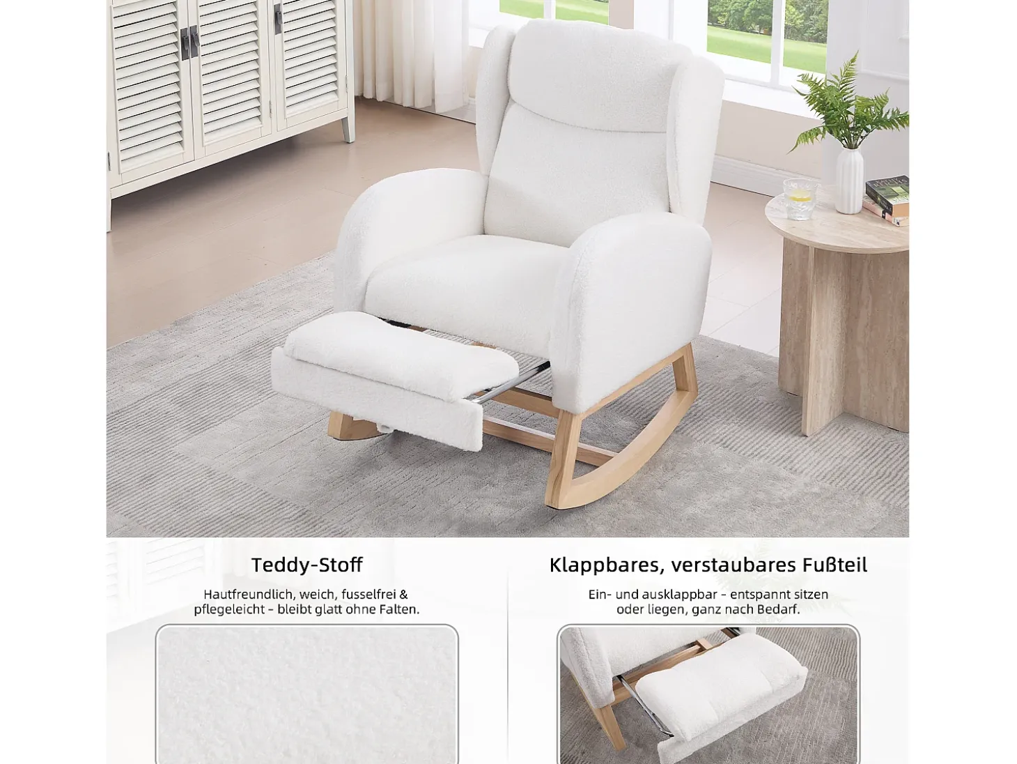 Mecedora de tela de peluche, diseño ergonómico con reposapiés ajustable, estructura de madera, color blanco (122,5 x 70 x 104 cm)