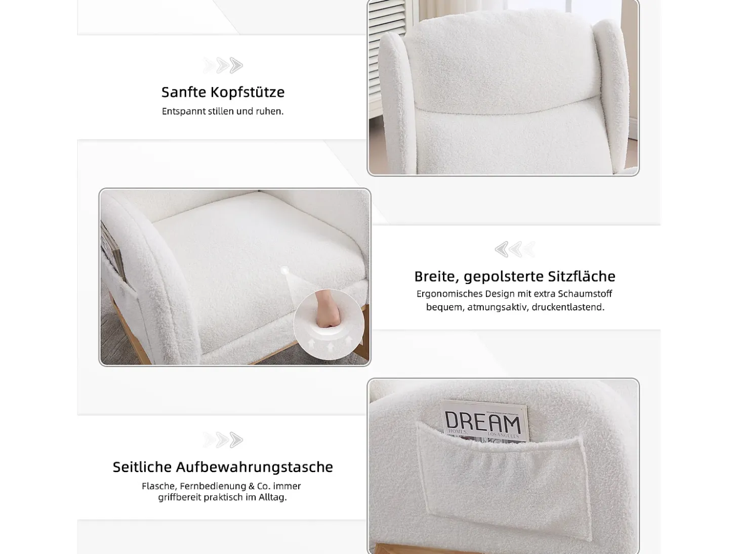 Mecedora de tela de peluche, diseño ergonómico con reposapiés ajustable, estructura de madera, color blanco (122,5 x 70 x 104 cm)