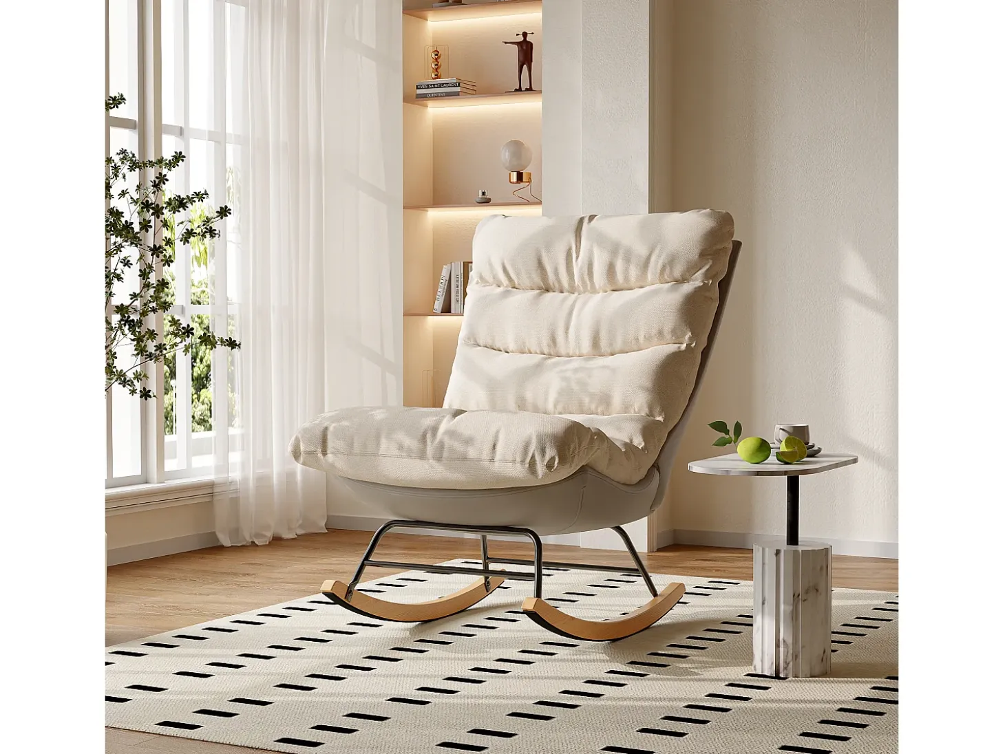 Mecedora ergonómica con cojín beige y estructura gris, diseño moderno en tela/piel sintética.