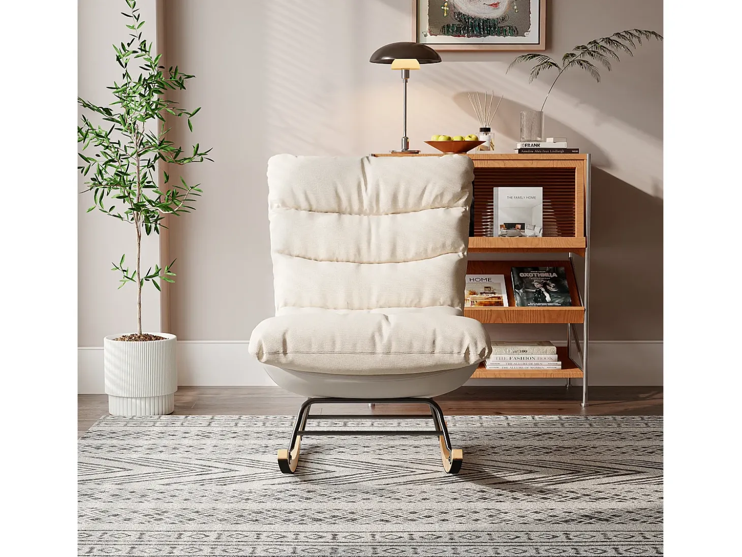 Mecedora ergonómica con cojín beige y estructura gris, diseño moderno en tela/piel sintética.