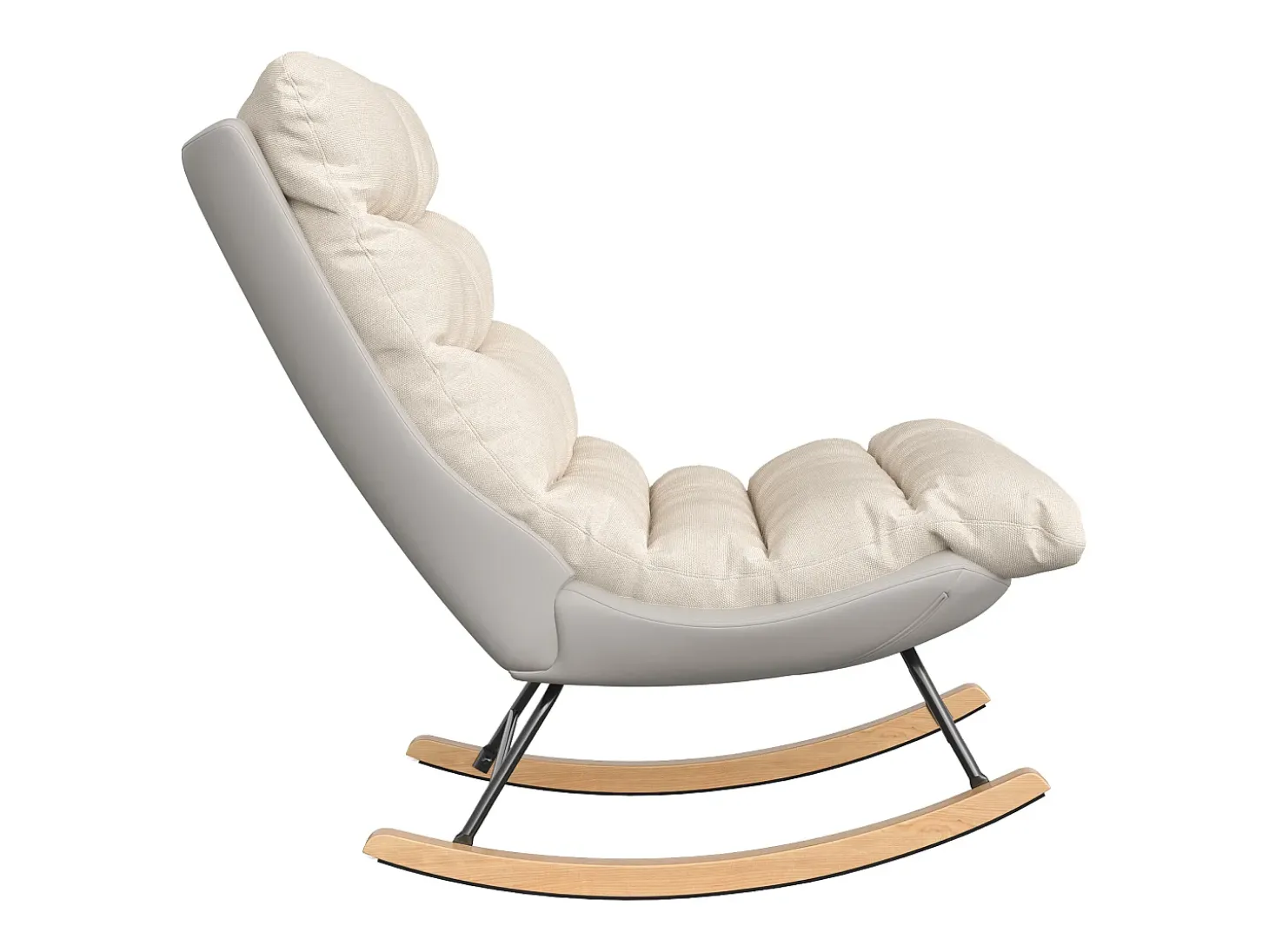 Mecedora ergonómica con cojín beige y estructura gris, diseño moderno en tela/piel sintética.