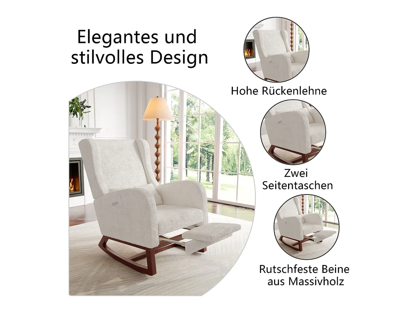 Mecedora, Mecedora con Reposapiés Retráctil, Mecedora de Madera Maciza con Respaldo Alto para Sala de Estar, Dormitorio, Hasta 150 kg - Beige