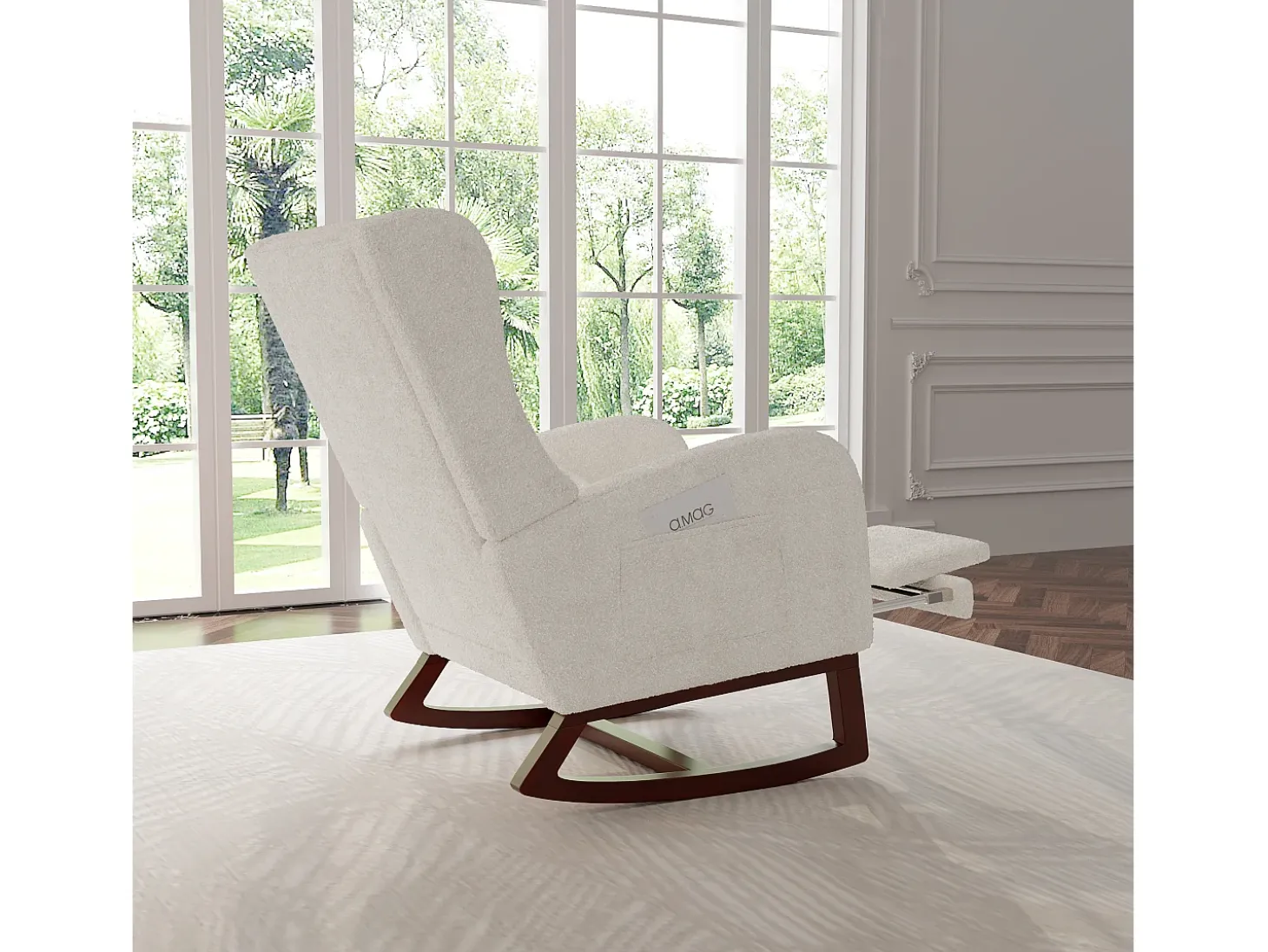 Mecedora, Mecedora con Reposapiés Retráctil, Mecedora de Madera Maciza con Respaldo Alto para Sala de Estar, Dormitorio, Hasta 150 kg - Beige