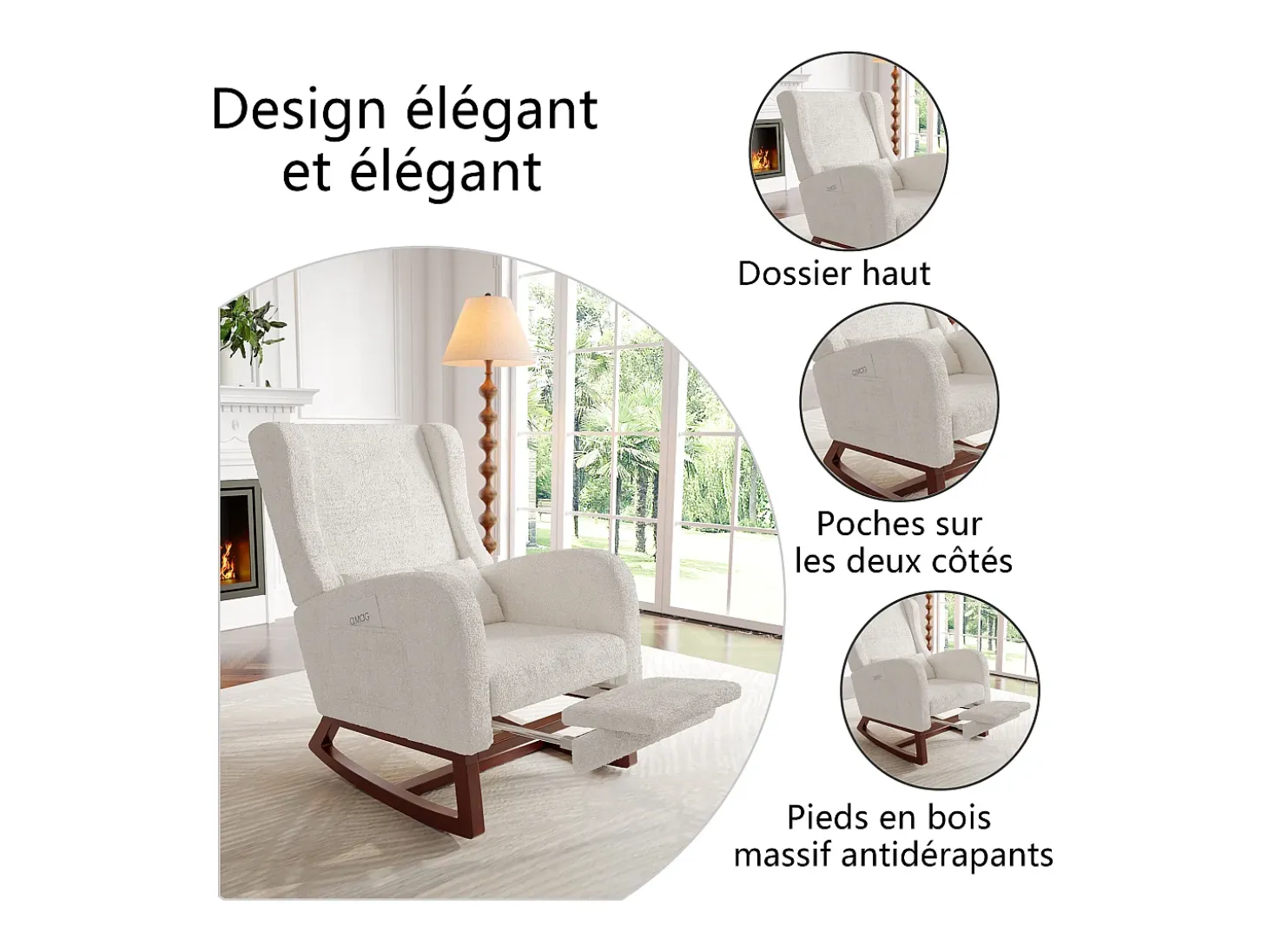 Mecedora, Mecedora con Reposapiés Retráctil, Mecedora de Madera Maciza con Respaldo Alto para Sala de Estar, Dormitorio, Hasta 150 kg - Beige