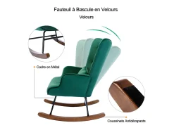 Mecedora moderna tapizada en terciopelo para sala de estar, con respaldo alto y patas de madera, color verde oscuro
