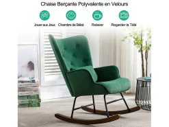 Mecedora moderna tapizada en terciopelo para sala de estar, con respaldo alto y patas de madera, color verde oscuro