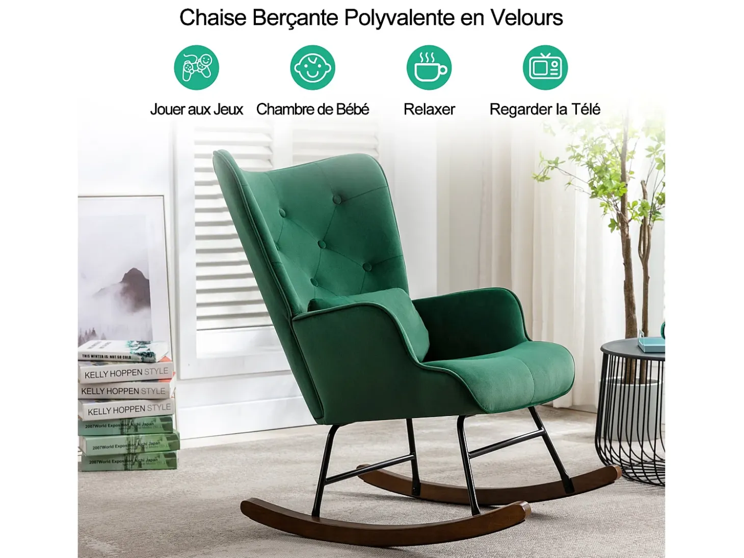 Mecedora moderna tapizada en terciopelo para sala de estar, con respaldo alto y patas de madera, color verde oscuro
