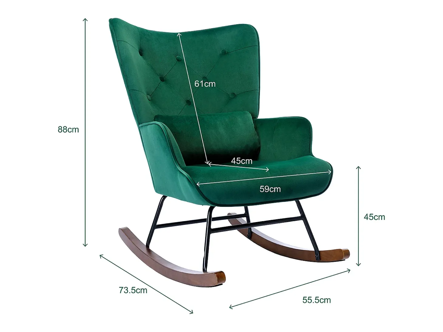 Mecedora moderna tapizada en terciopelo para sala de estar, con respaldo alto y patas de madera, color verde oscuro