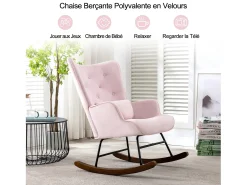 Mecedora moderna tapizada en terciopelo para sala de estar, mecedora con respaldo alto y patas de madera, color rosa