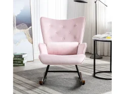 Mecedora moderna tapizada en terciopelo para sala de estar, mecedora con respaldo alto y patas de madera, color rosa