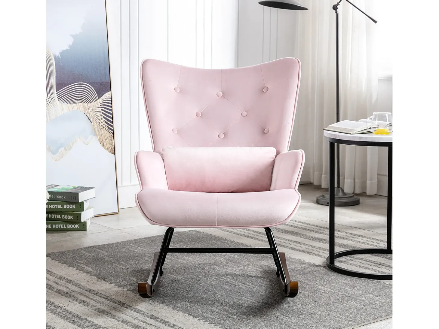Mecedora moderna tapizada en terciopelo para sala de estar, mecedora con respaldo alto y patas de madera, color rosa