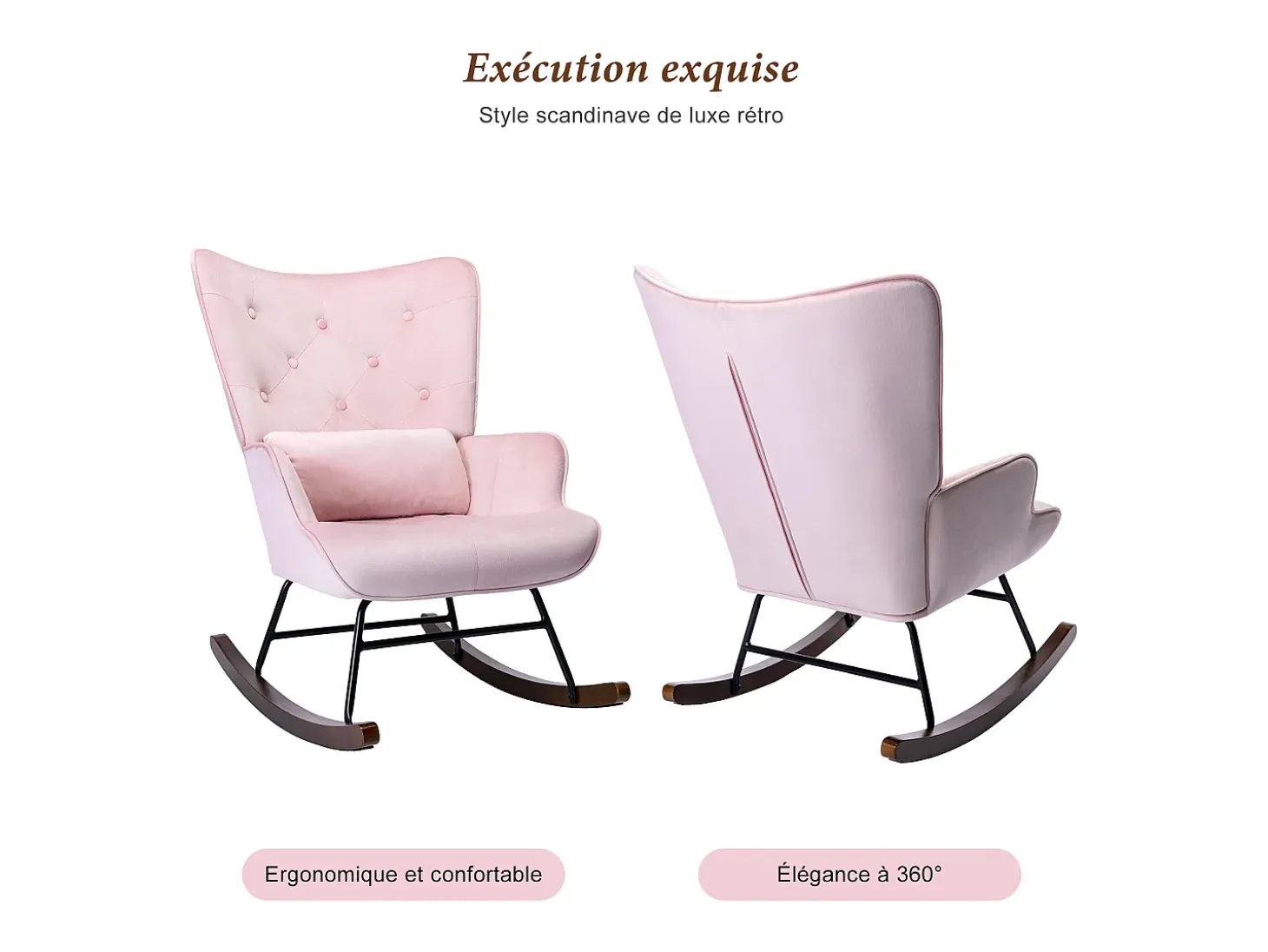 Mecedora moderna tapizada en terciopelo para sala de estar, mecedora con respaldo alto y patas de madera, color rosa