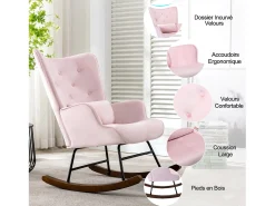 Mecedora moderna tapizada en terciopelo para sala de estar, mecedora con respaldo alto y patas de madera, color rosa