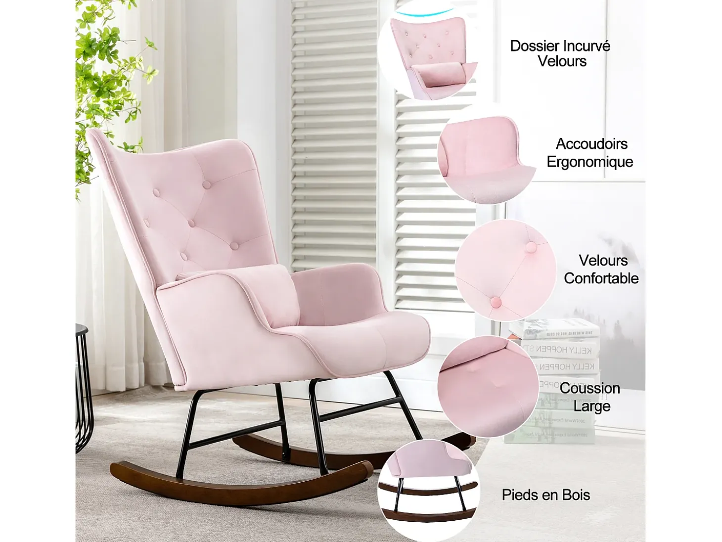 Mecedora moderna tapizada en terciopelo para sala de estar, mecedora con respaldo alto y patas de madera, color rosa