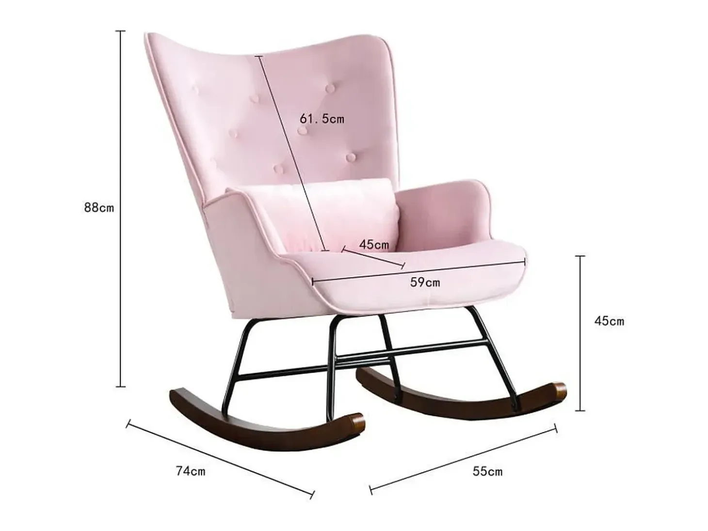 Mecedora moderna tapizada en terciopelo para sala de estar, mecedora con respaldo alto y patas de madera, color rosa