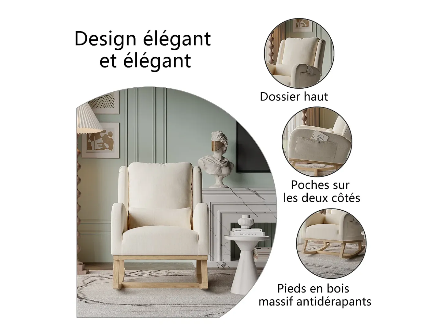 Mecedora, Sillón Relax con Reposabrazos, Tejido de Lino, Beige