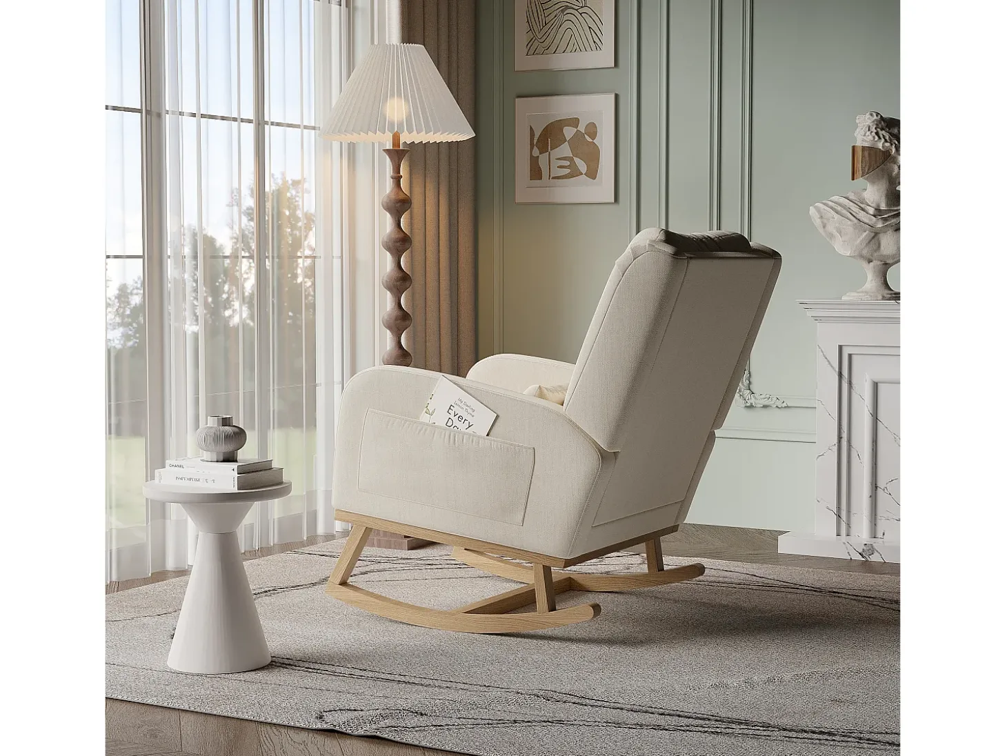 Mecedora, Sillón Relax con Reposabrazos, Tejido de Lino, Beige