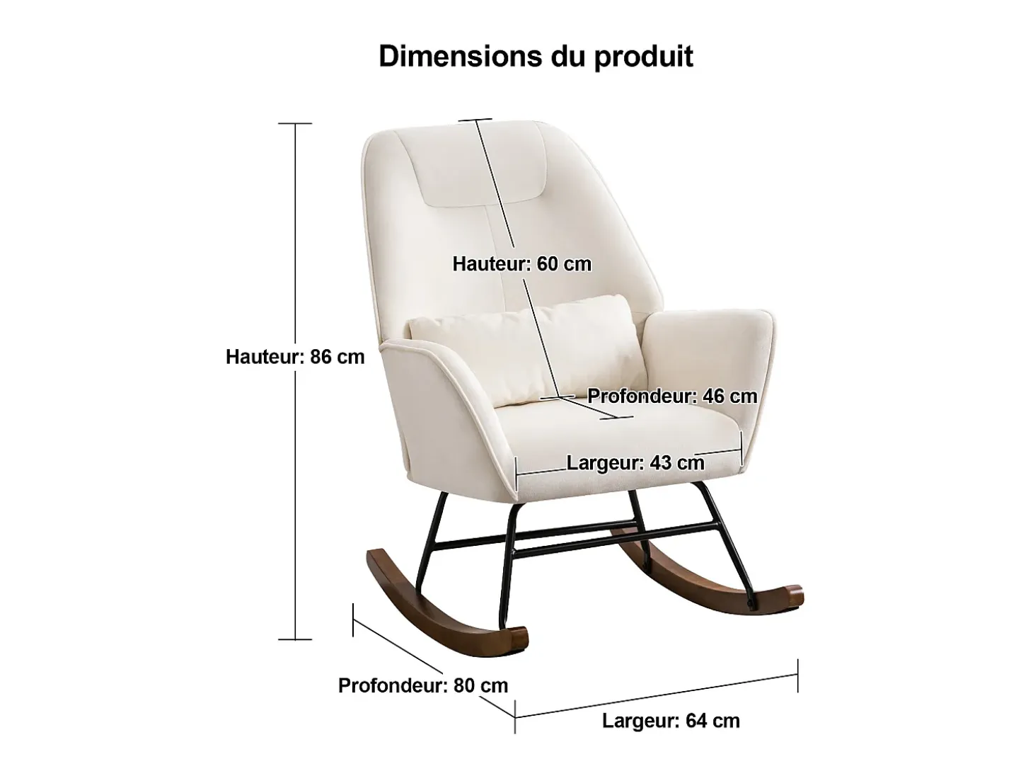 Mecedora tapizada en terciopelo con soporte lumbar, ideal para sala de estar y guardería, color beige