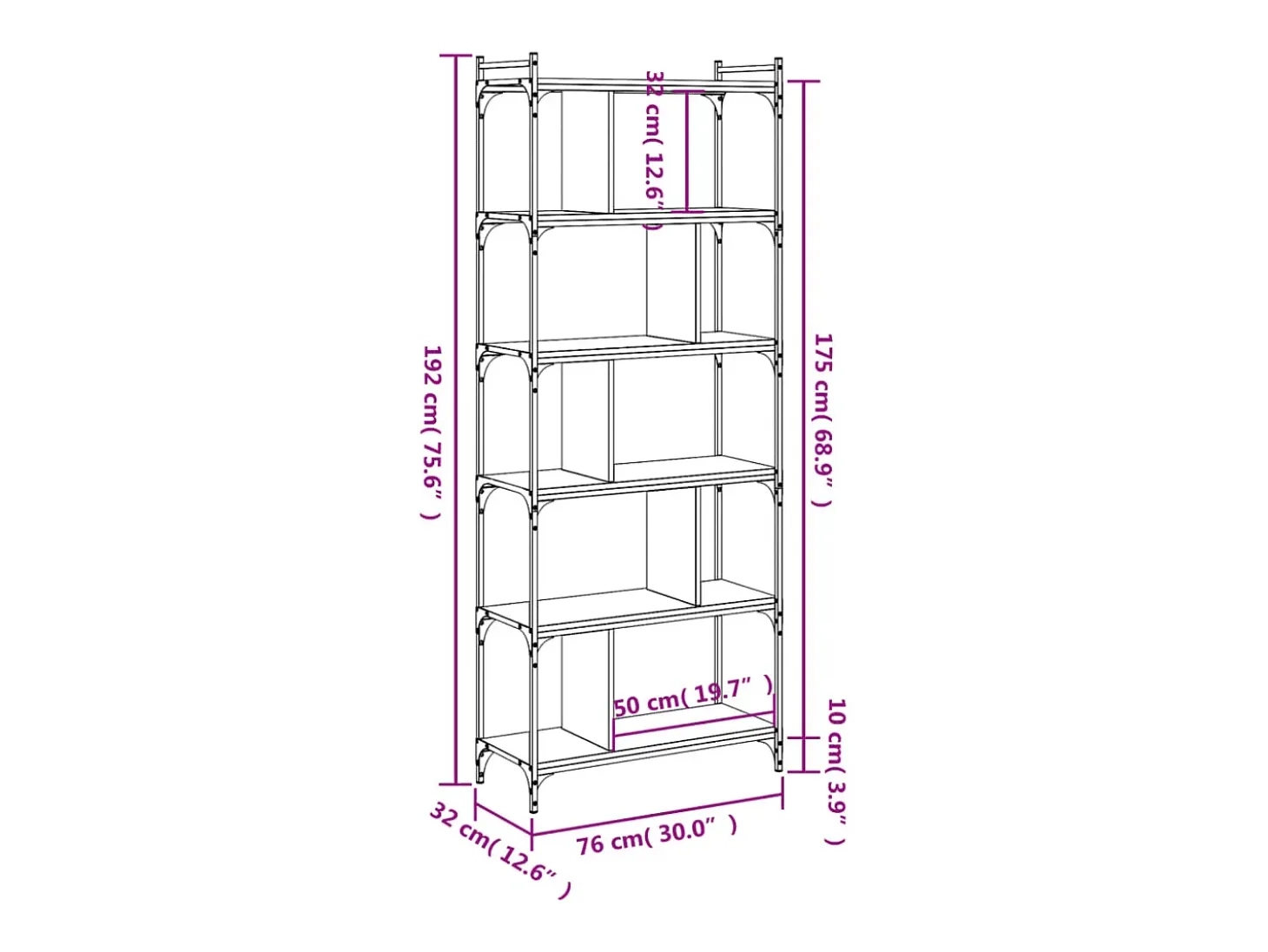 Merse Librería 6 estantes madera ingeniería roble ahumado 76x32x192cm