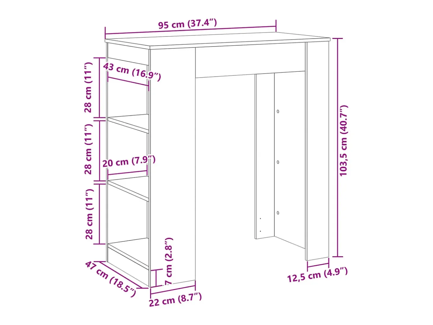 Mesa alta bar con estantes madera gris Sonoma 95x47x103,5 cm