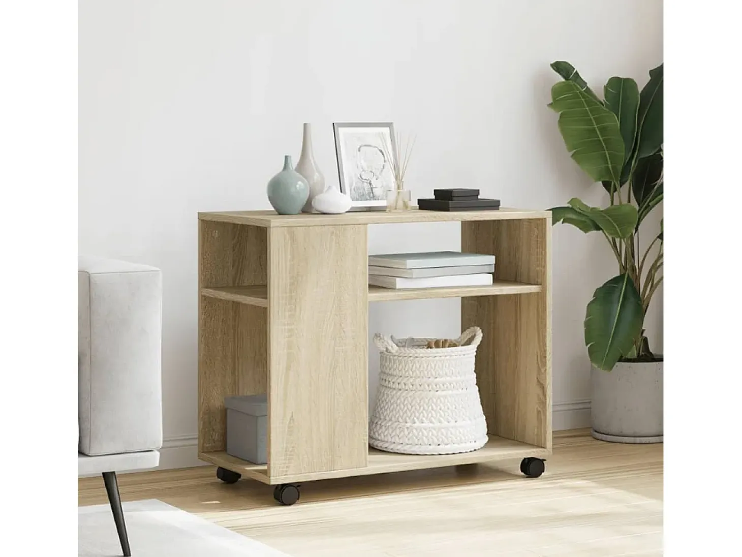 Mesa auxiliar con ruedas madera roble Sonoma 70x35x60 cm