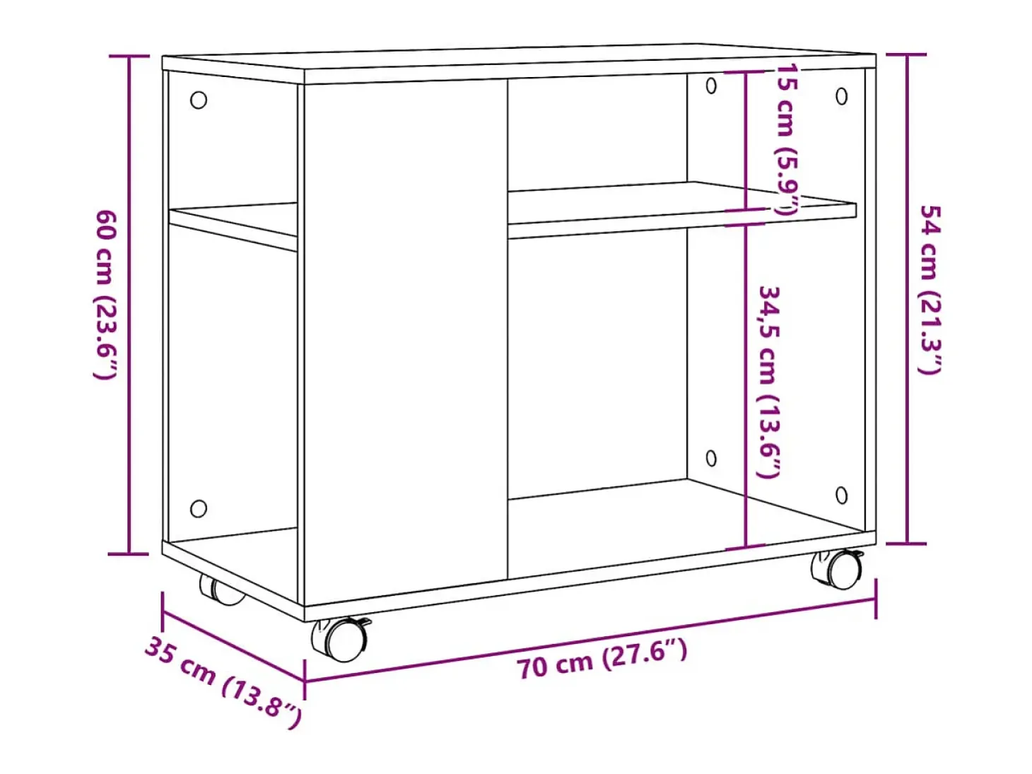 Mesa auxiliar con ruedas madera roble marrón 70x35x60 cm