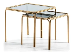 Mesa auxiliar cuadrada Diras de cristal ahumado y metal dorado - Juego de 2